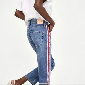 Zara Authentic Denim TRF Straight Cropped Jeans Medium Wash Side Stripe Size 4